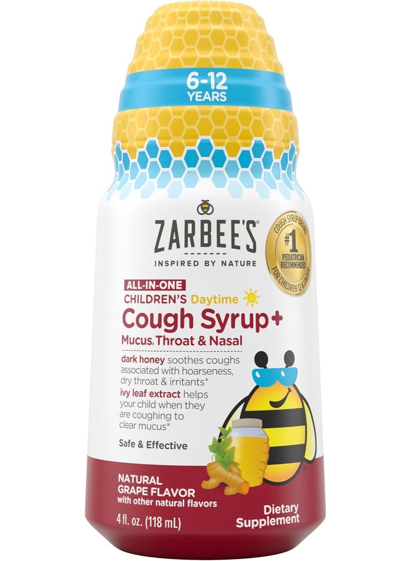 Zarbee's Children's Daytime All-in-One Honey Cough Syrup + Mucus, Throat & Nasal for Kids 6-12 + Dark Honey, Ivy Leaf Extract, Zinc Turmeric Root, & B-Vitamins, Drug-Free, Grape, 4 fl oz